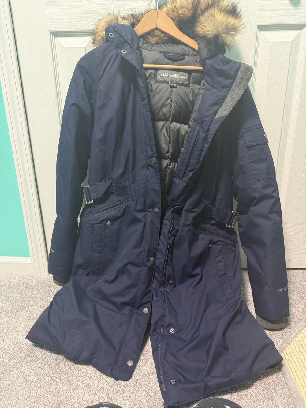 Eddie Bauer Navy Hooded Puffer Parka with Faux Fur Trim